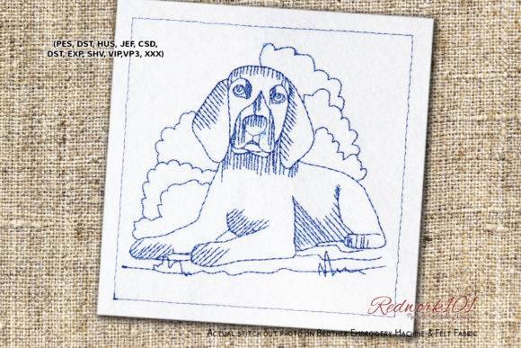 Beagle Dog Sitting on Grass Redwork for Sweatshirts